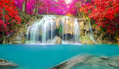 тайланд, горы, водопад, водоём, деревья, красные, голубые